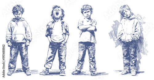 Angry sad children emotions upset frustrated boys. Set shows negative feelings with crossed arms and shouting faces. Pencil hand drawn sketch style. Banner for psychology and behavior design.