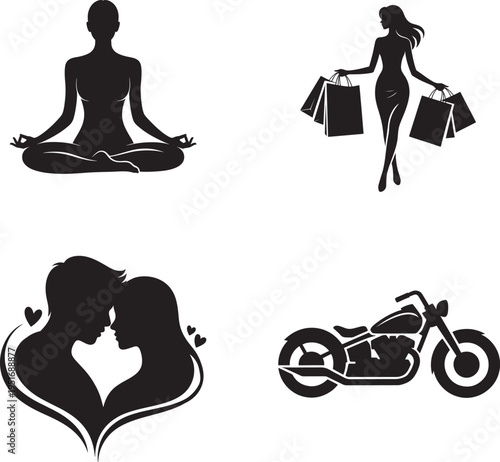 black silhouettes of people and motorcycle on white