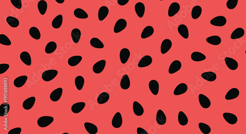 High contrast pattern depicts black watermelon seeds scattered across a vibrant red background mimicking the inside of a fresh summer fruit.