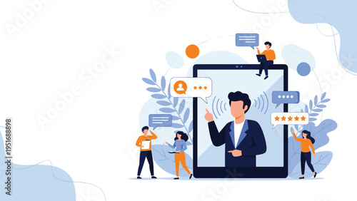 Diverse team of people interacting around a large tablet displaying a professional online meeting or presentation.