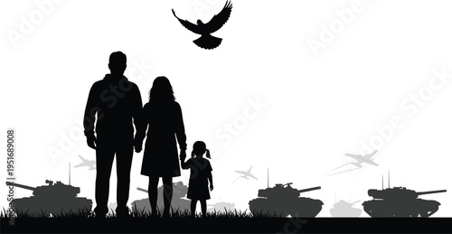 Family silhouette with child holding hands walking past military tanks and aircraft with eagle above representing war impact concept