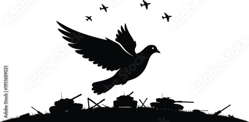 Dove silhouette flying above destroyed battlefield with tanks barbed wire and aircraft formation in sky symbolizing war and peace contrast