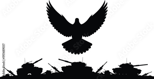 Large eagle silhouette above military tanks and artillery vehicles on battlefield representing power strength and dominance in dramatic war scene