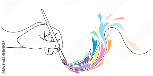 continuous single line drawing of hand holding paintbrush, line art vector illustration