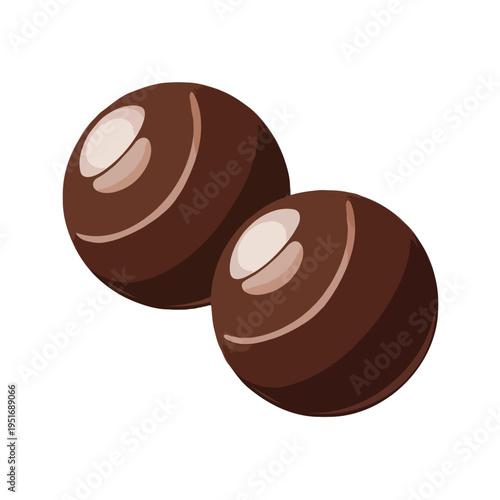 Two smooth and shiny chocolate truffles with a glossy finish and a rich brown color. isolated on white background, Vector