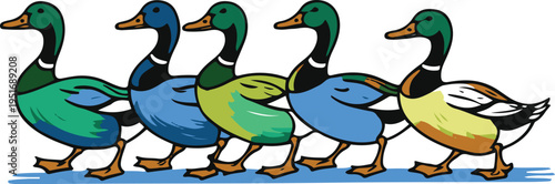 Colorful bold line art sticker of ducks walking in a line, minimal group movement, thick outline, white background 2