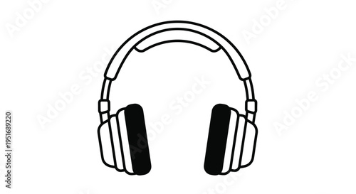 Minimalist black outline of over ear headphones is presented on a white background suitable for music technology and audio equipment themes.