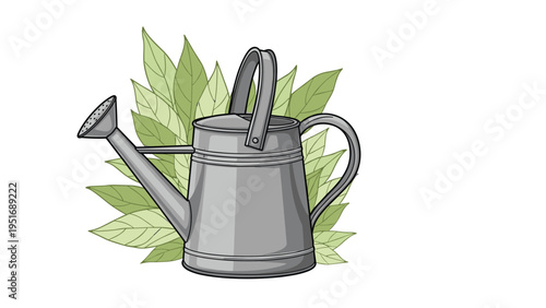 Classic metal watering can for gardening standing in front of a bunch of fresh green leaves on a clean white background.