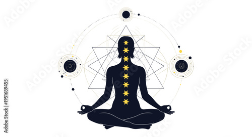 Stylized silhouette of a person in a meditation pose features glowing stars along the spine and geometric celestial symbols in the background.