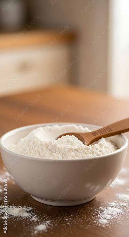 Fototapeta premium Flour Bowl with Wooden Spoon on a Wooden Table.