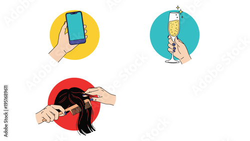 Three colorful circular icons showing a hand holding a smartphone a hand with a glass of champagne and a hand combing hair.