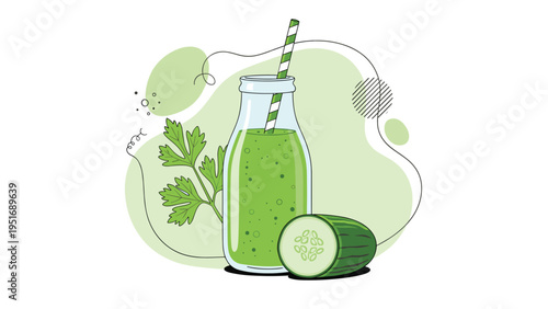 Healthy green smoothie in a glass bottle with a striped straw next to a fresh cucumber slice and green parsley leaves.