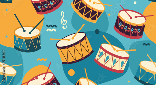 Seamless pattern displays colorful drums with drumsticks and musical notes over a blue background filled with vibrant circular and wavy shapes.