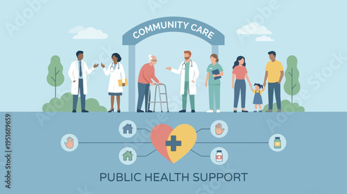 Public Health Behavior & Awareness System Community Care and Public Health Support Illustrated