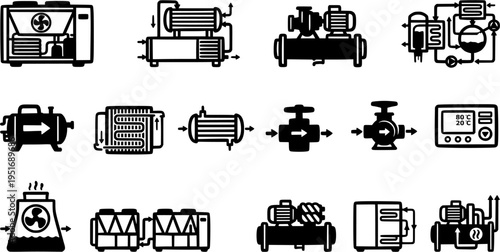 HVAC Chiller System and Industrial Cooling Component Icons Set