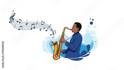 Talented musician playing a gold saxophone with artistic blue music notes and splashes flowing into the air in a creative way.