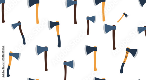 Seamless pattern displays numerous axes with blue heads and brown wooden handles scattered randomly across a clean and plain white background.