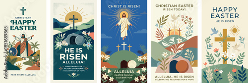 Vector set of Jesus Christ resurrection scenes. Spiritual religious composition featuring the empty tomb, crosses, lilies and doves. Poster design for Christian Easter celebration