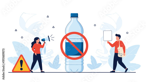 Environmental activists protesting against plastic pollution by standing next to a giant crossed out water bottle.