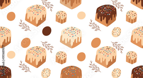 Seamless pattern shows various decorated cakes with icing and colorful sprinkles on a white background accompanied by small branches and eggs.