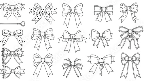 Detailed line art set of many different bows in various styles including some decorated with stars polka dots or keys.