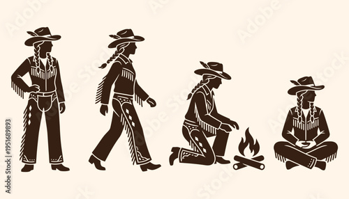 Cowgirl silhouette set in various poses with campfire