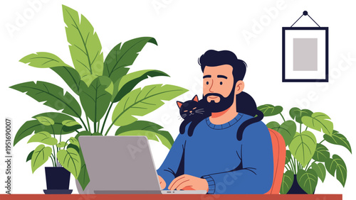 Man working on a laptop at his desk with a black cat resting on his shoulders in a cozy home office with plants.