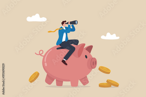 A business professional sitting on a piggy bank looking through binoculars for financial success