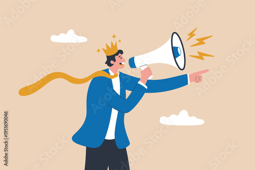 A confident businessman wearing a golden crown while shouting through a megaphone at the audience