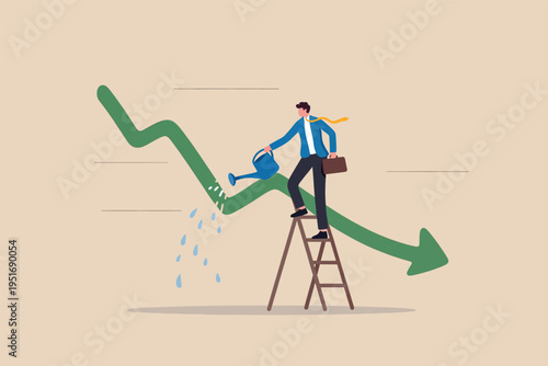 A businessman on a ladder watering a downward trending green business growth chart with a can