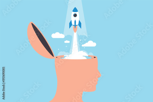 A conceptual illustration of a rocket launching from an open human head representing new ideas