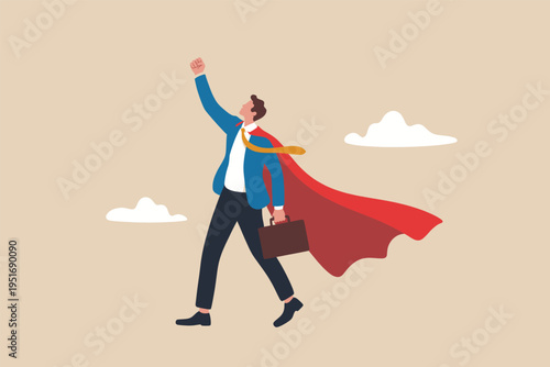 A successful businessman wearing a red superhero cape while carrying a briefcase in the workplace