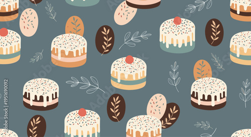 Seamless pattern showcases decorated cakes with white icing and colorful sprinkles on a muted blue background with delicate plant branches.