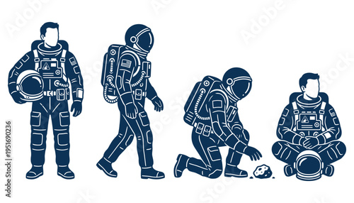 Astronaut character set in various poses for space exploration concept