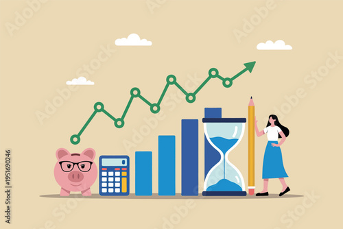 A businesswoman planning financial growth with a piggy bank, calculator, chart, and hourglass icon