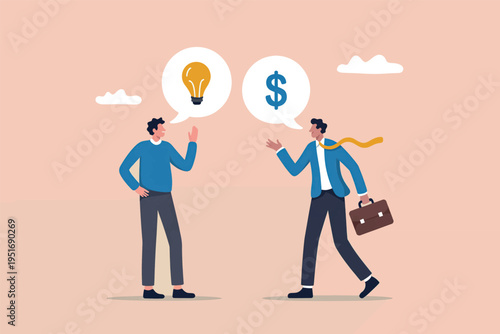 A business concept illustration showing a creative individual pitching an idea to an investor