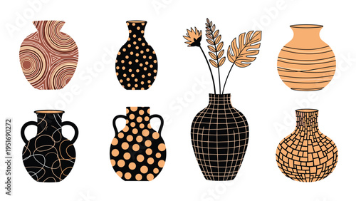 Assorted collection of traditional pottery vases with different shapes and ethnic patterns on white background.