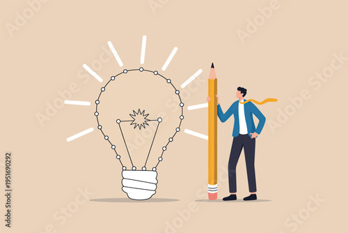 A creative professional standing next to a large light bulb illustration representing new ideas