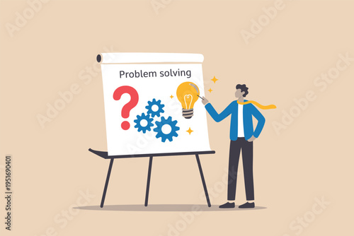 A business professional stands at a whiteboard illustrating a conceptual approach to problem solving