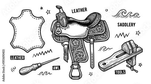 Vintage Leather Crafting and Saddlery Illustration Set with Western Horse Saddle, Awl, and Stitching Pony Tools