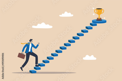 A motivated businessman climbing a long staircase towards a golden trophy symbol of success goals