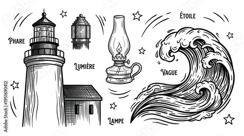 Nautical Illustration Set with Lighthouse, Sea Wave, Kerosene Lamp and Stars in Vintage Engraving Style