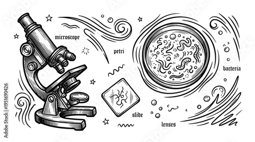 Hand Drawn Vector Science Laboratory Equipment Set Featuring Microscope, Petri Dish with Bacteria, and Glass Slide in Vintage Engraving Style