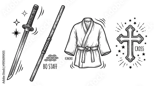 Vintage Hand-Drawn Martial Arts and Culture Vector Illustrations Set Featuring Katana Sword, Bo Staff, Kimono Gi, and Christian Cross for Tattoo or Logo Design