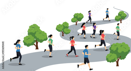 Group of diverse people running along winding gray path through green park with trees for fitness and healthy lifestyle marathon event.