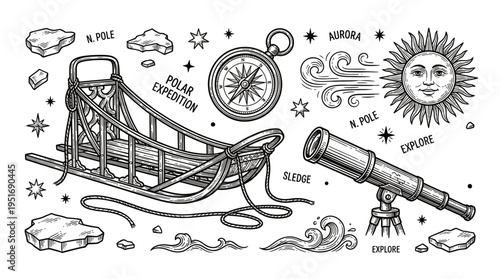 Vintage Polar Expedition Vector Illustration Set with Engraving Style Icons of Sledge, Compass, Telescope, Sun, and Arctic Elements for Adventure Graphic Design