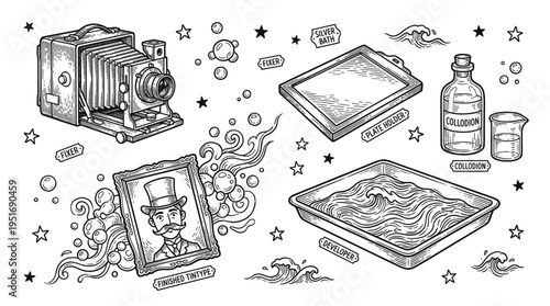 Vintage Wet Plate Collodion Photography Process Vector Illustration Set with Antique Camera, Chemicals, and Tintype Portrait