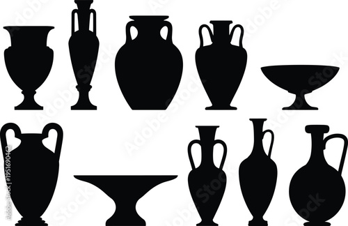 Ancient Greek pottery vases silhouette icons collection, classic amphora ceramic vessels set, cad drawing flat vector illustration