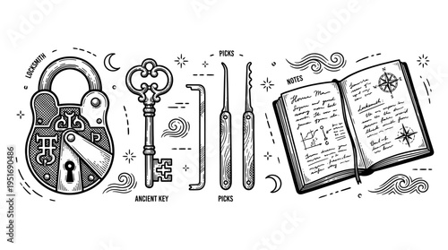 Vintage Locksmith Set Vector Illustration featuring Antique Padlock, Ornate Key, Lock Picks, and Notebook with Sketches in Hand-Drawn Engraving Style