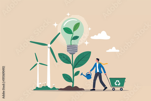 A conceptual illustration of a person nurturing a plant with a lightbulb representing green energy